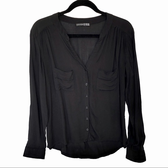 V-NECK BUTTON-DOWN BLOUSE / SHIRT (BLACK) - Picture 2 of 6